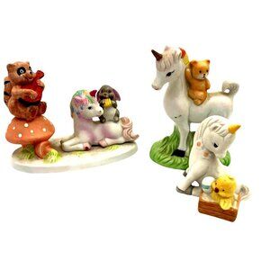 Vintage 1985 Etc Whimsical Unicorn & Woodland Animal Figurine lot of 3 Ceramic